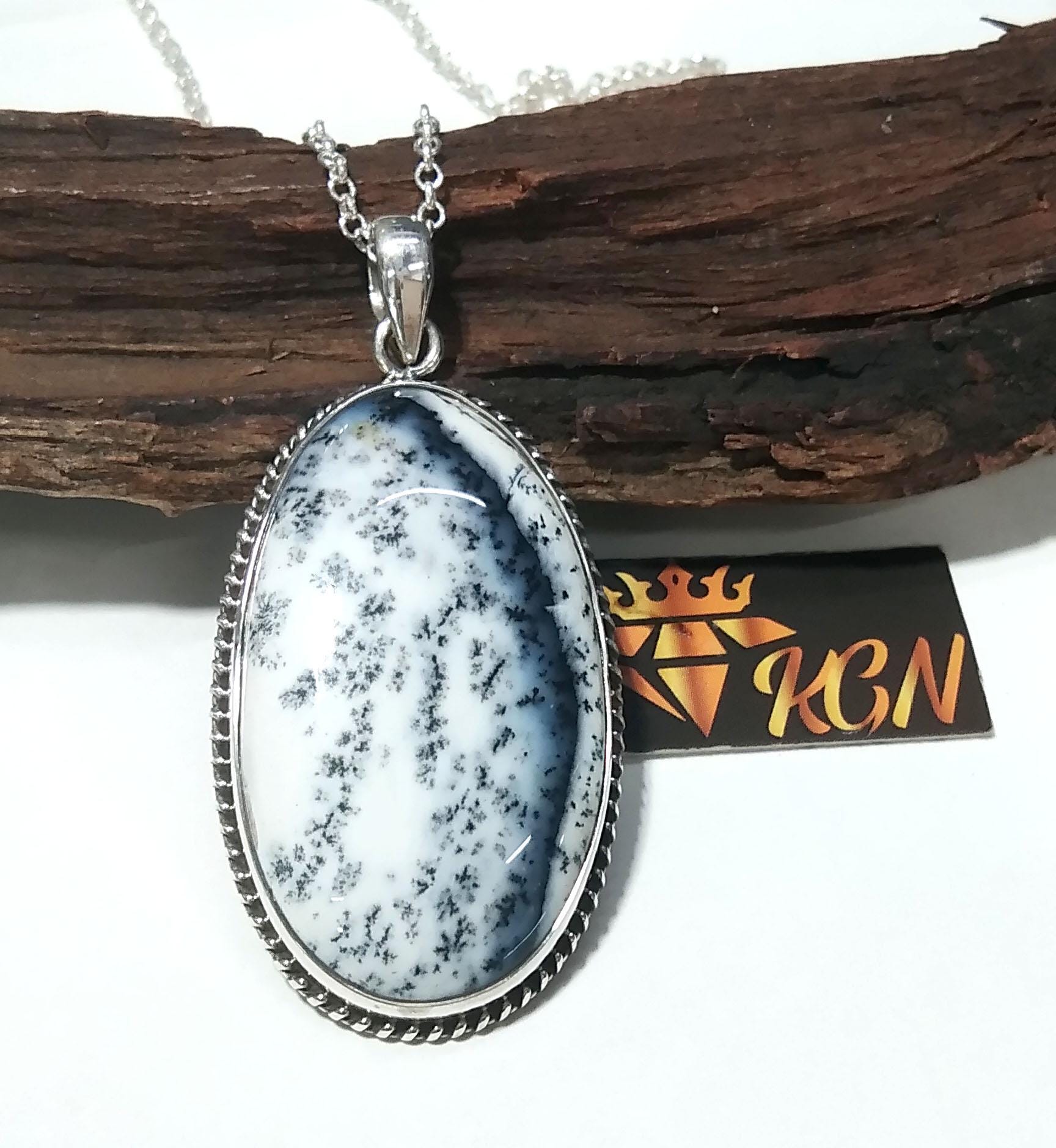 Amazing Design Dendrite Opal Gemstone Pendant Chain Necklace, Natural Dendrite Stone With 925 Sterling Silver Pendant, Gift Wedding Jewelry
